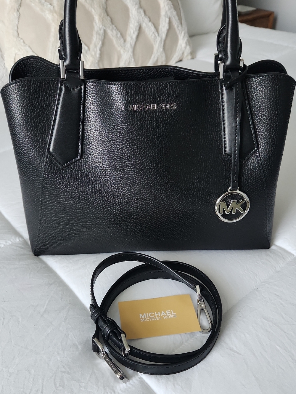 Michael Kors Black Pebbled Leather Satchel with MK Charm